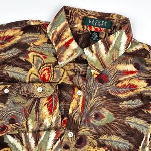 Lauren Ralph Lauren Petite PM Brown Peacock Feather Floral Cotton Button Up EUC